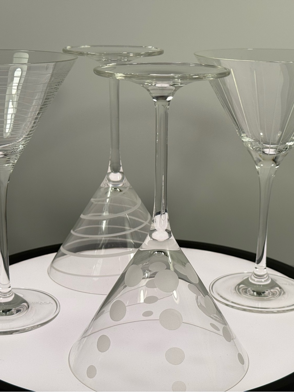 Set of (4) Beautiful precision-etched Mikasa Cheers Martini Glasses, featuring w